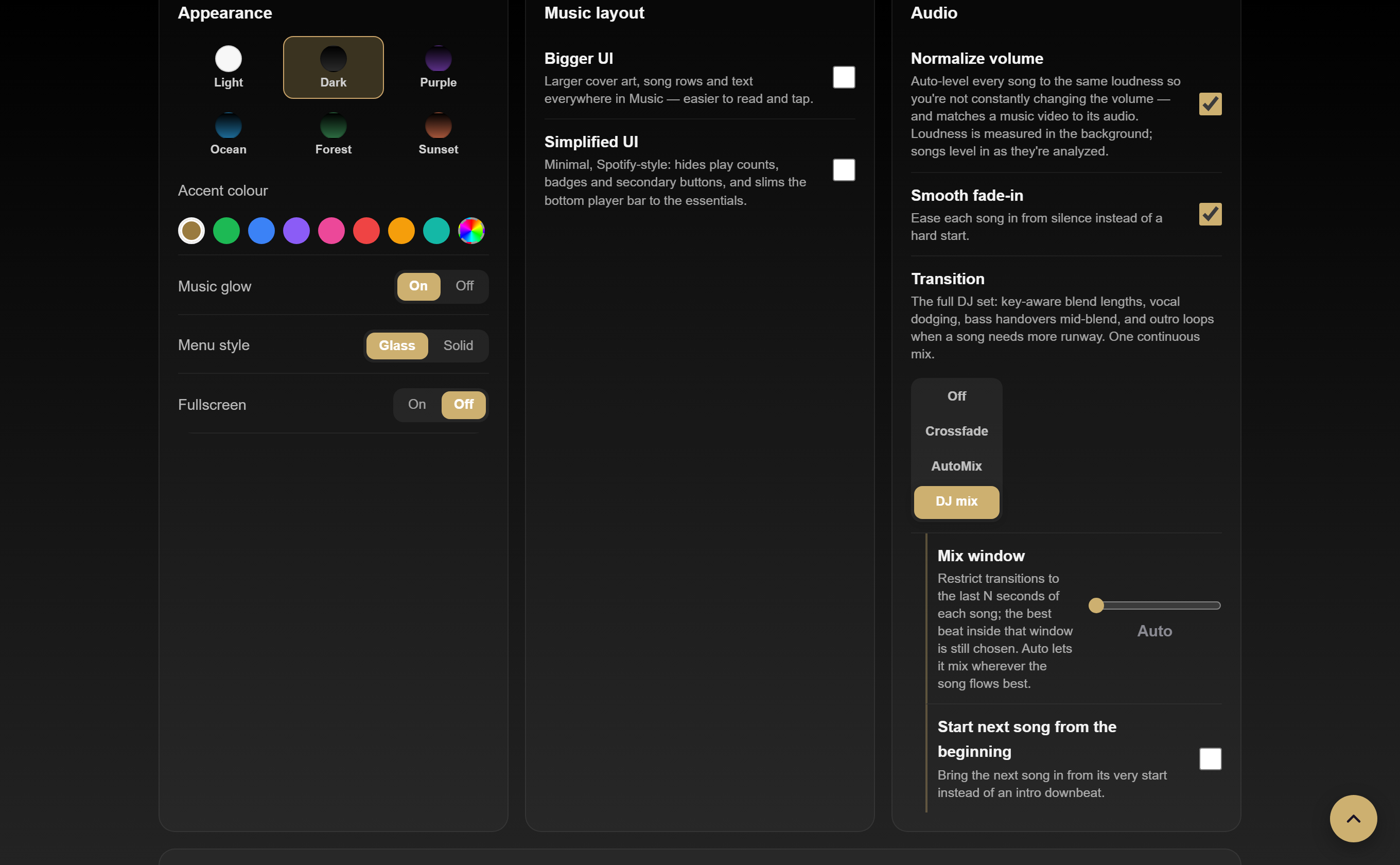 DJ AutoMix settings on desktop