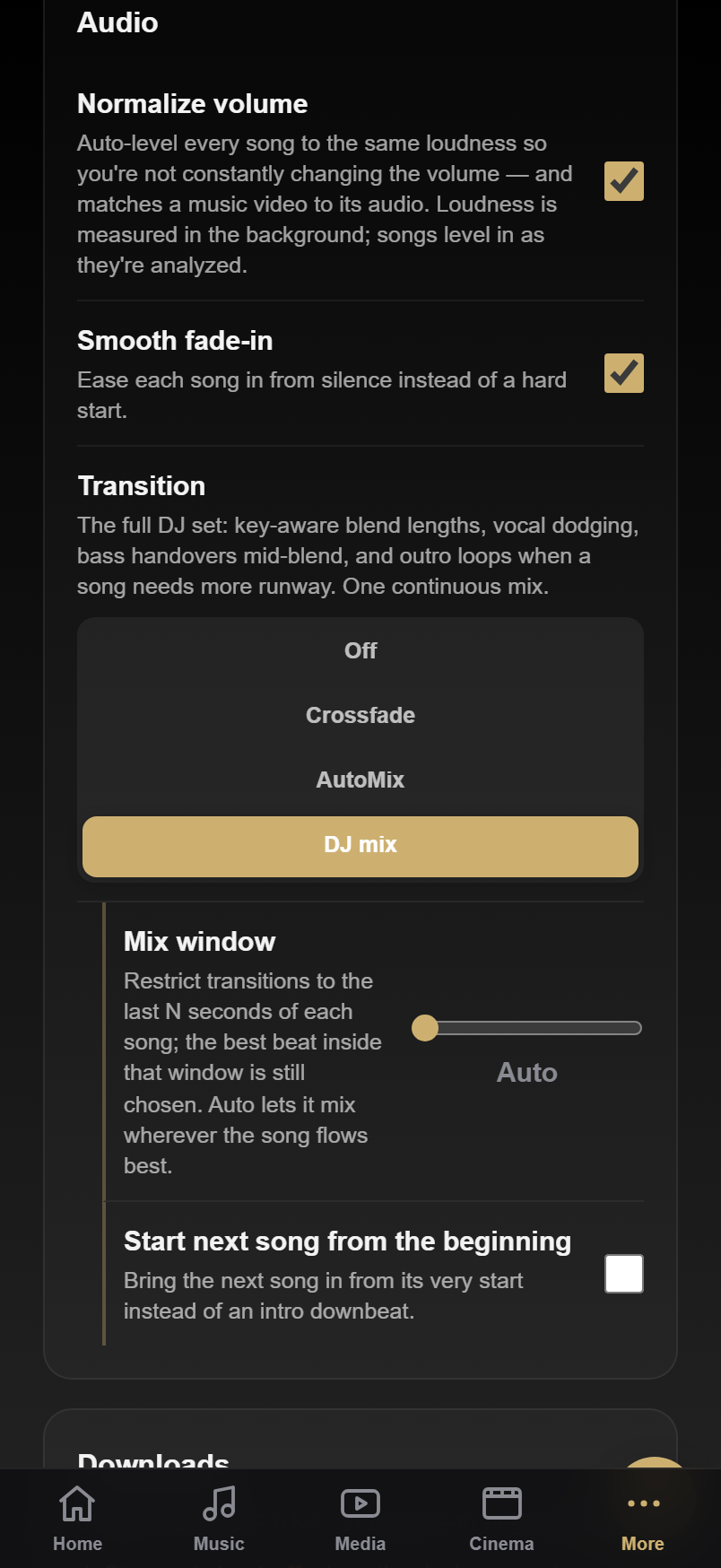 DJ AutoMix settings on mobile
