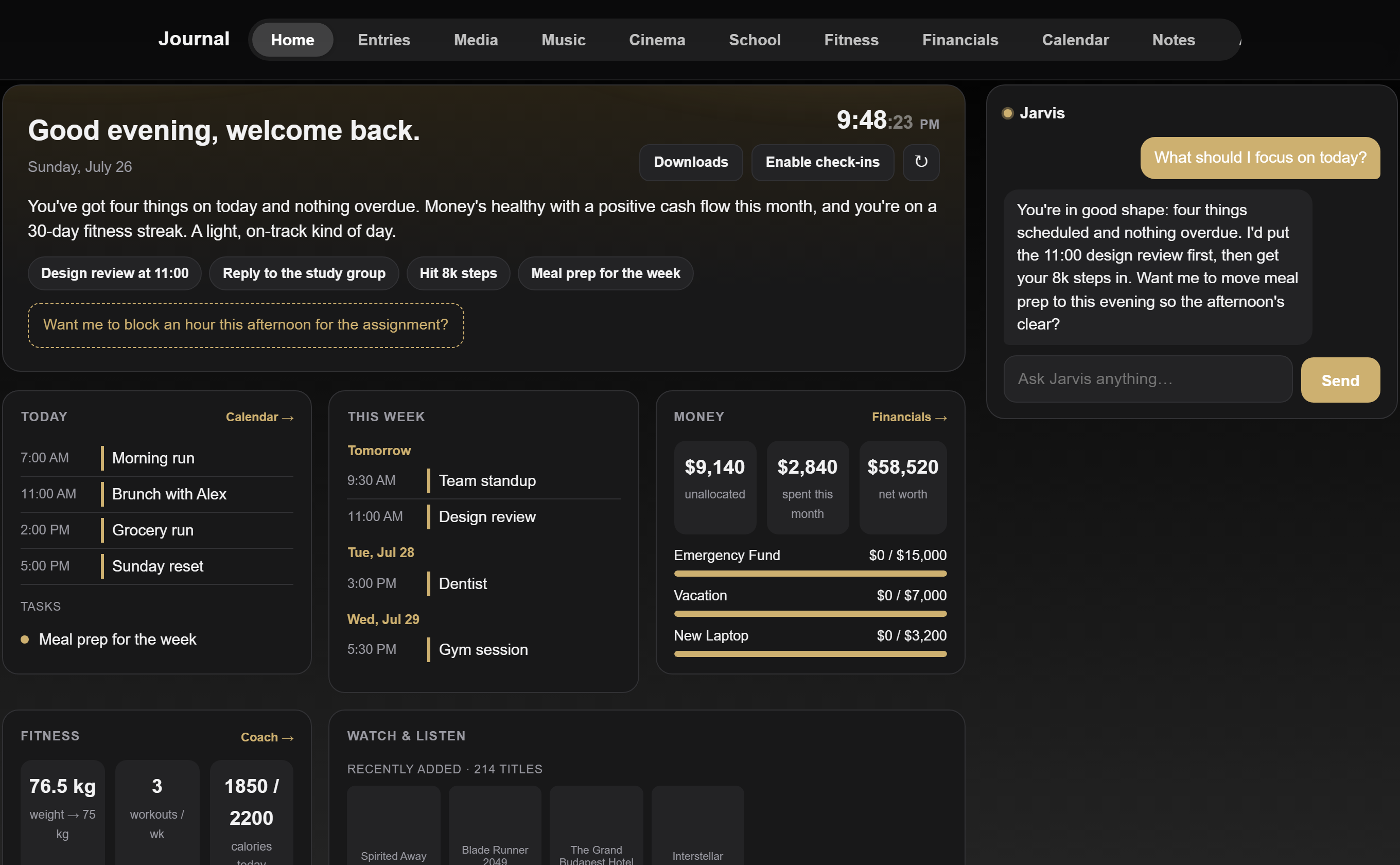 The Journal home dashboard on desktop, with a daily briefing, an AI assistant rail, and today, calendar, money, and fitness cards