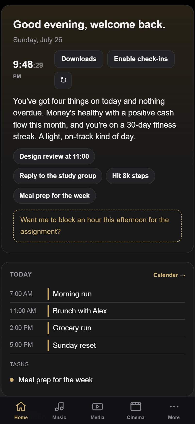 Home dashboard on mobile
