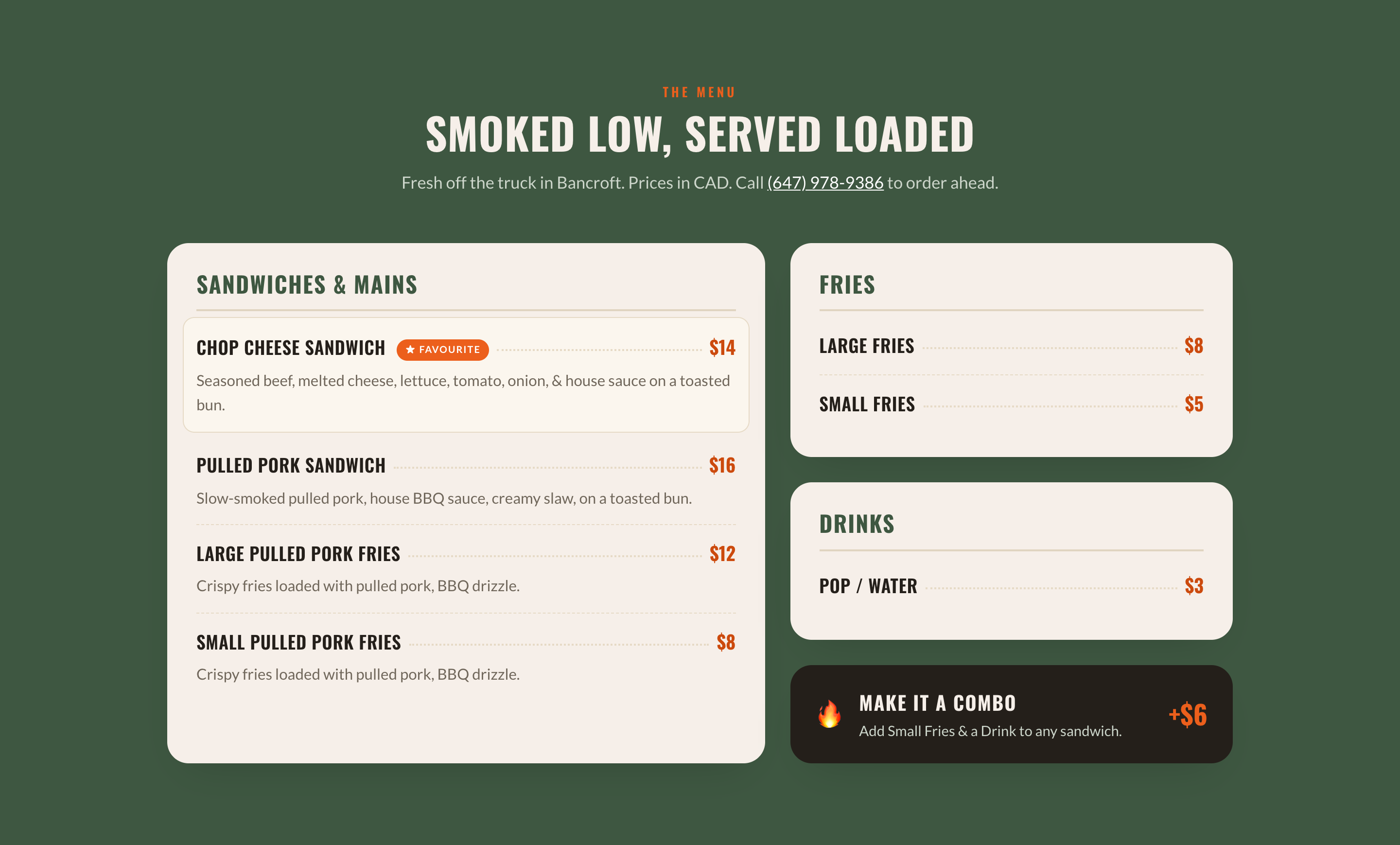 Northern Ember menu section with sandwiches, fries, drinks, and a combo deal