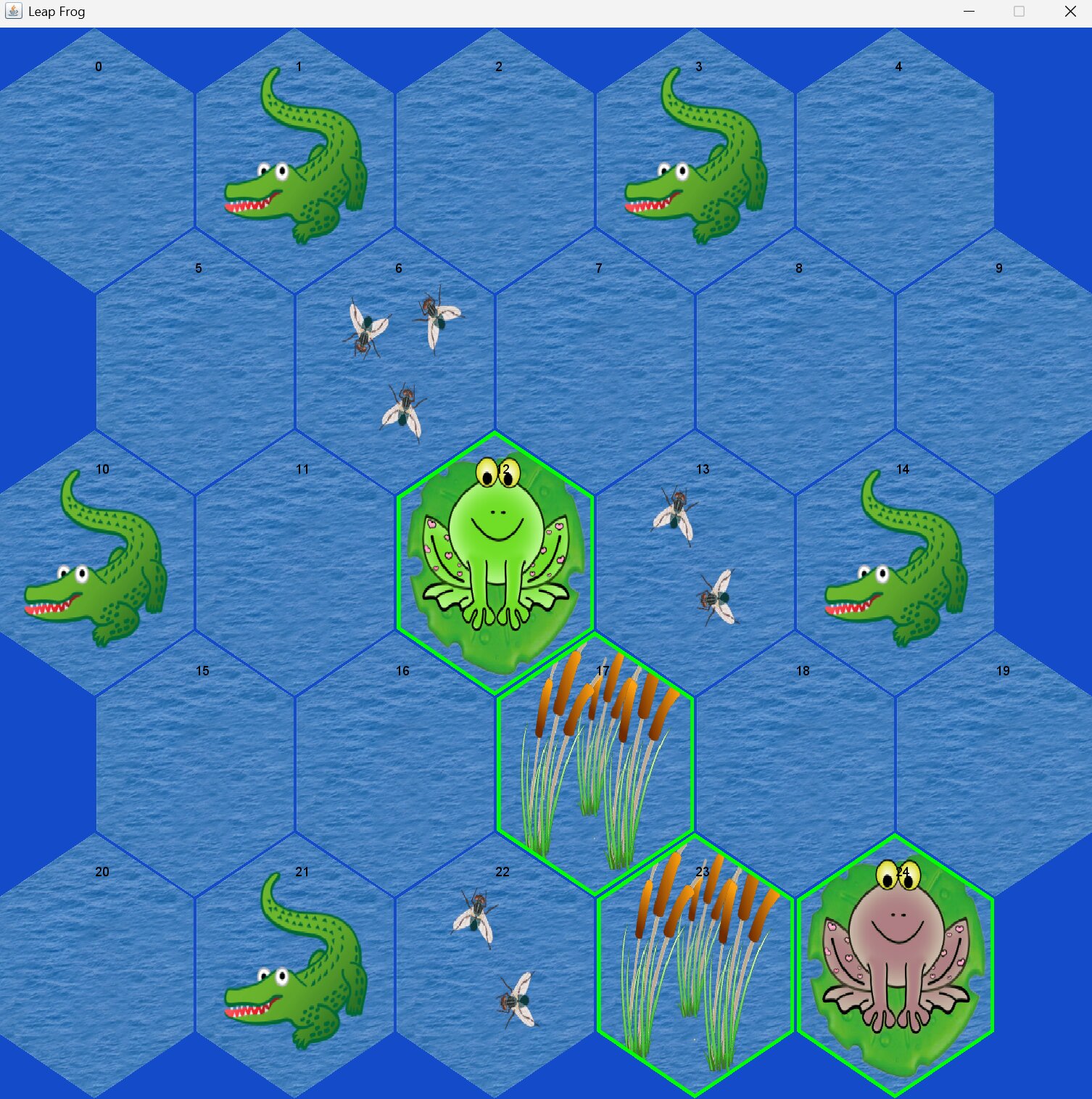 Leap Frog board with multiple alligators, flies, reeds, and highlighted path options
