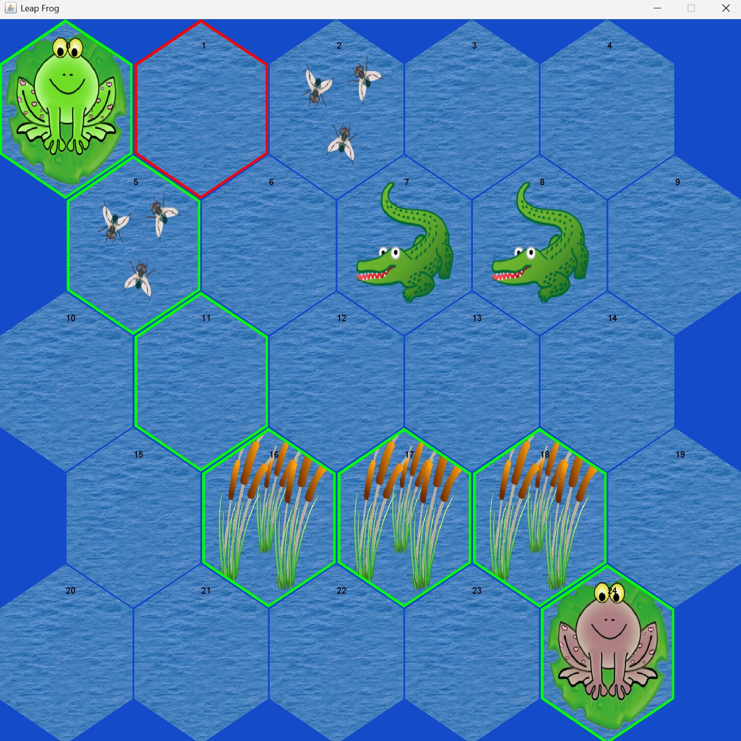 Frog pathfinding board with flies, alligators, reeds, and highlighted movement route