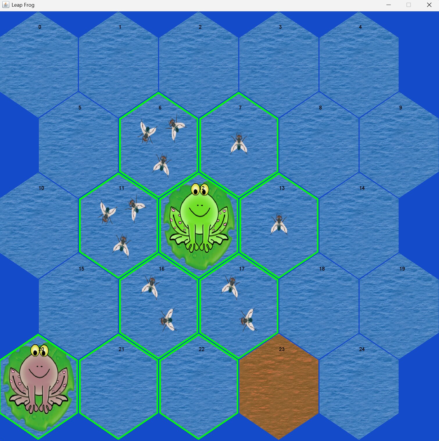 Leap Frog board showing highlighted path cells and fly positions