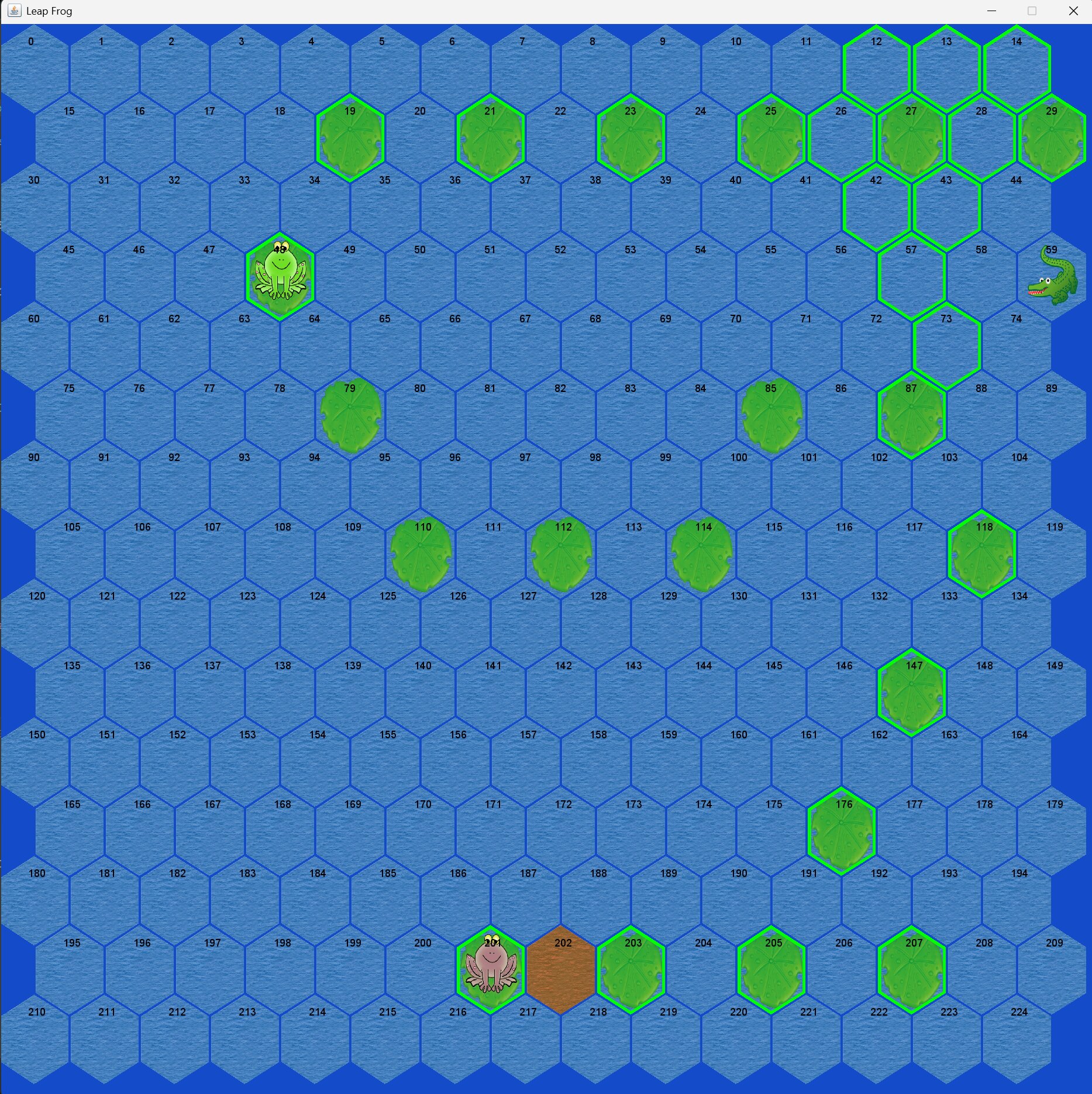 Large Leap Frog pond map with numbered hex cells and highlighted route