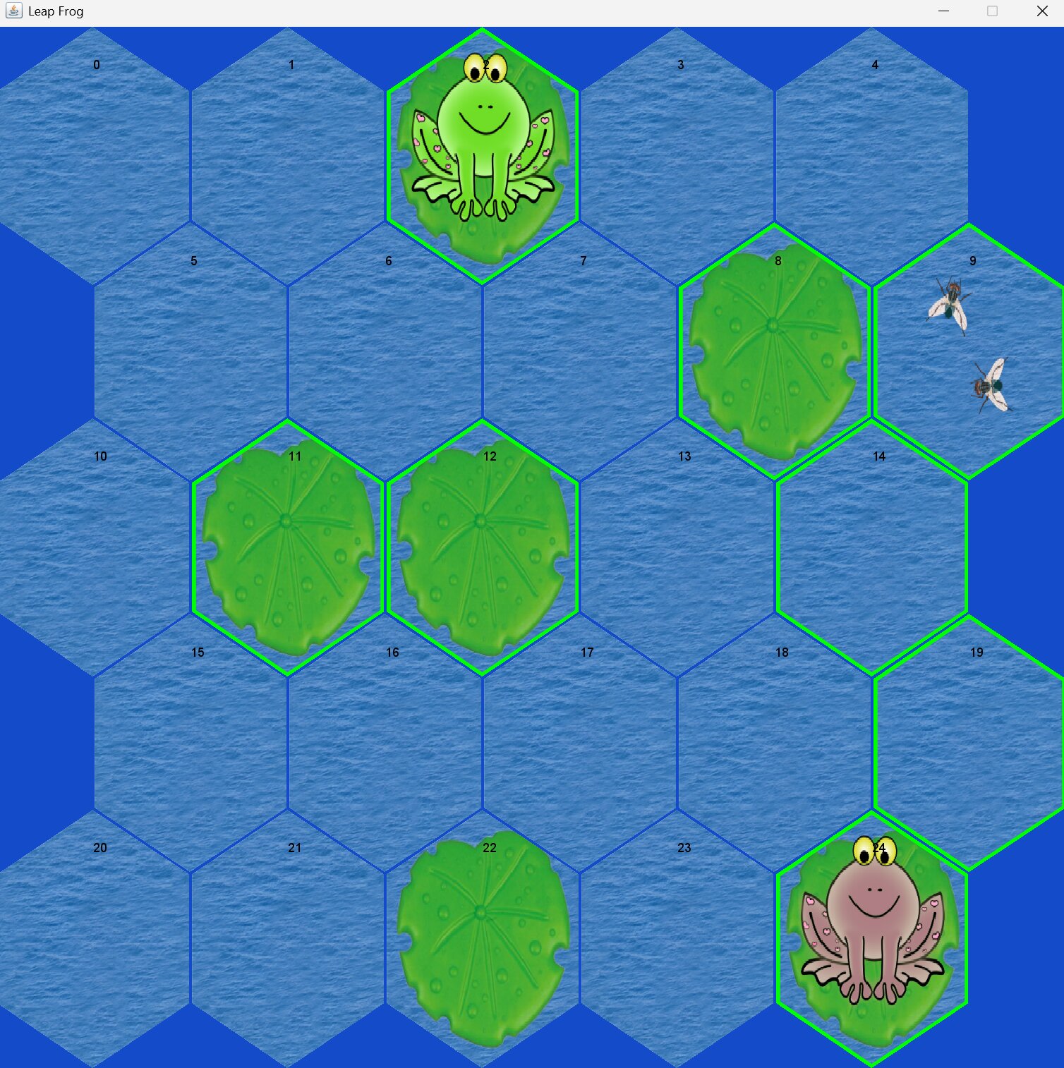 Leap Frog route through a hex pond with obstacles and hazards