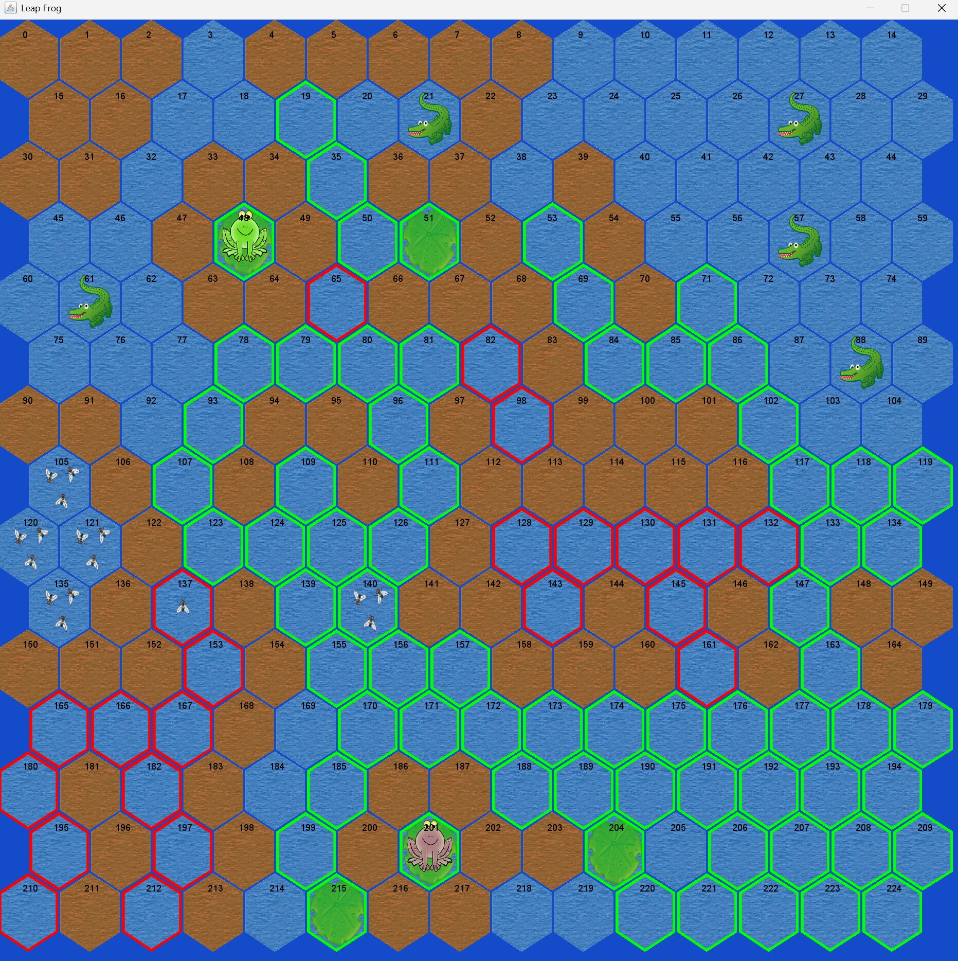 Open Leap Frog pond layout with lilypads, flies, alligator, and end frog