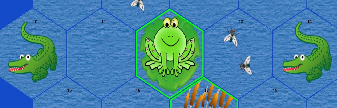 Leap Frog game board with frogs, lilypads, flies, and alligators