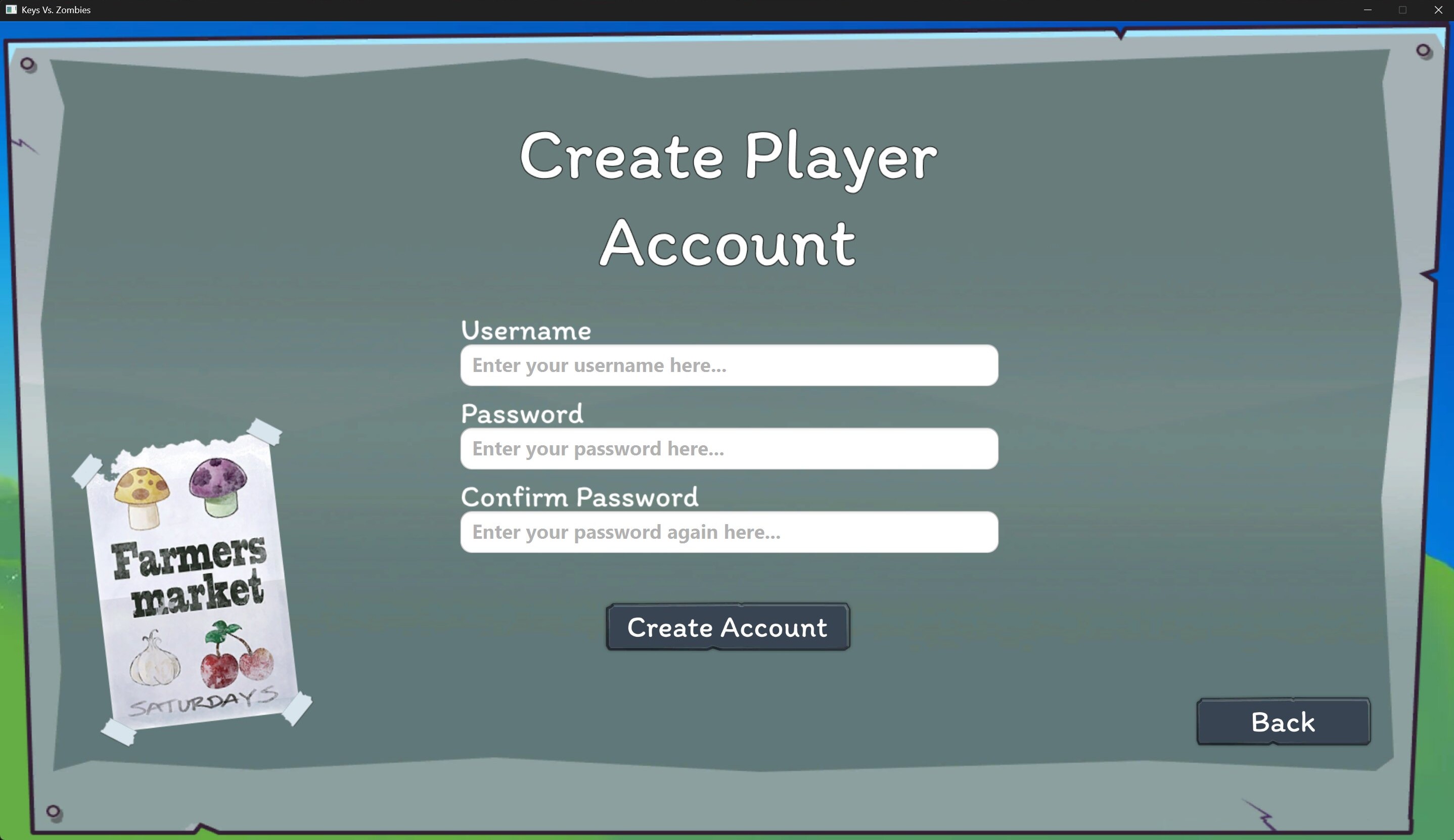 Keys vs Zombies create account screen