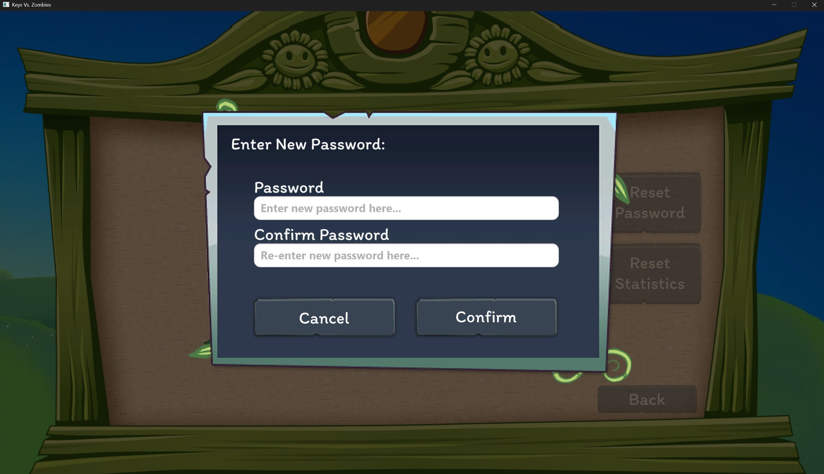 Keys vs Zombies create password screen