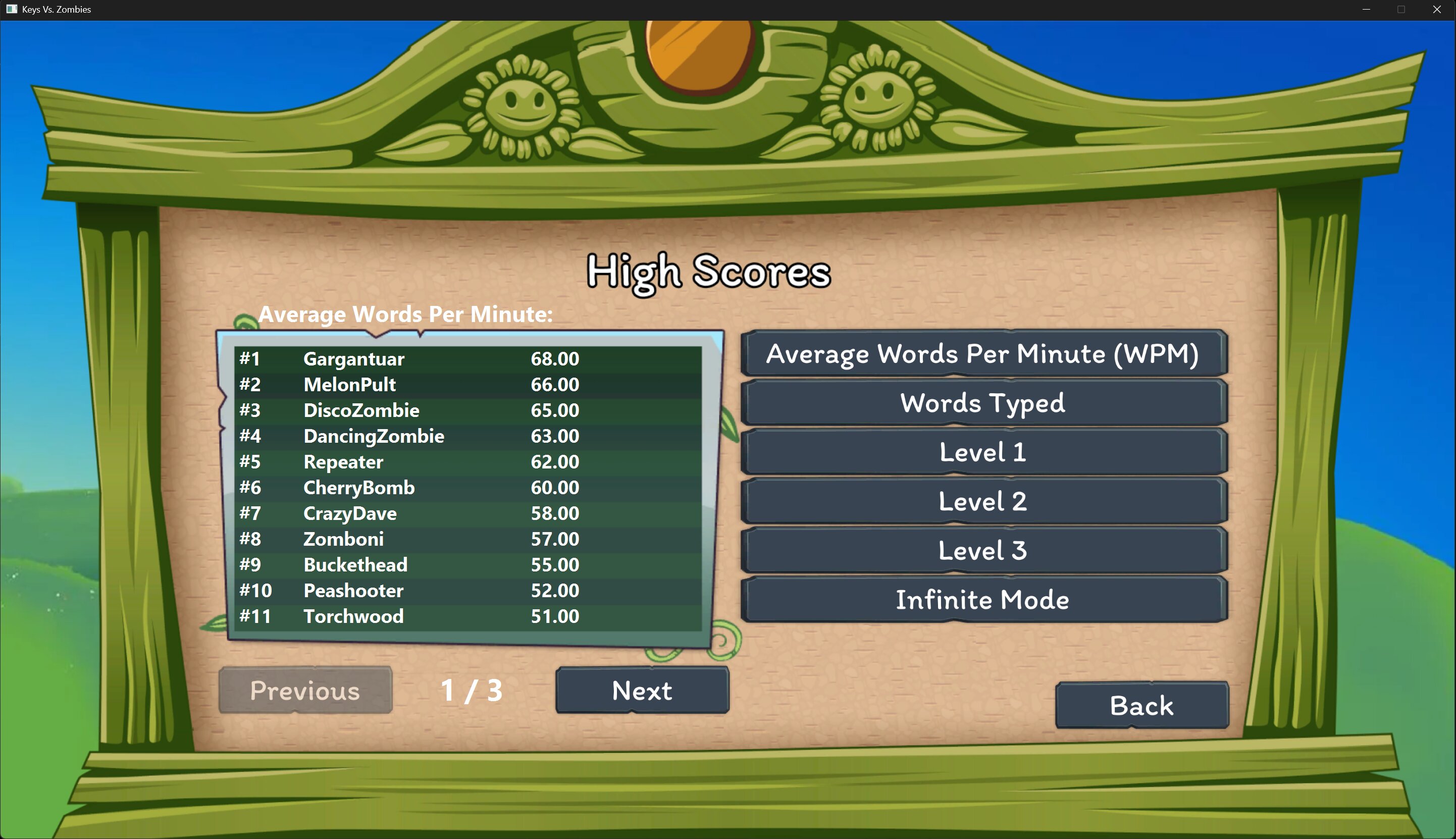 Keys vs Zombies high scores screen