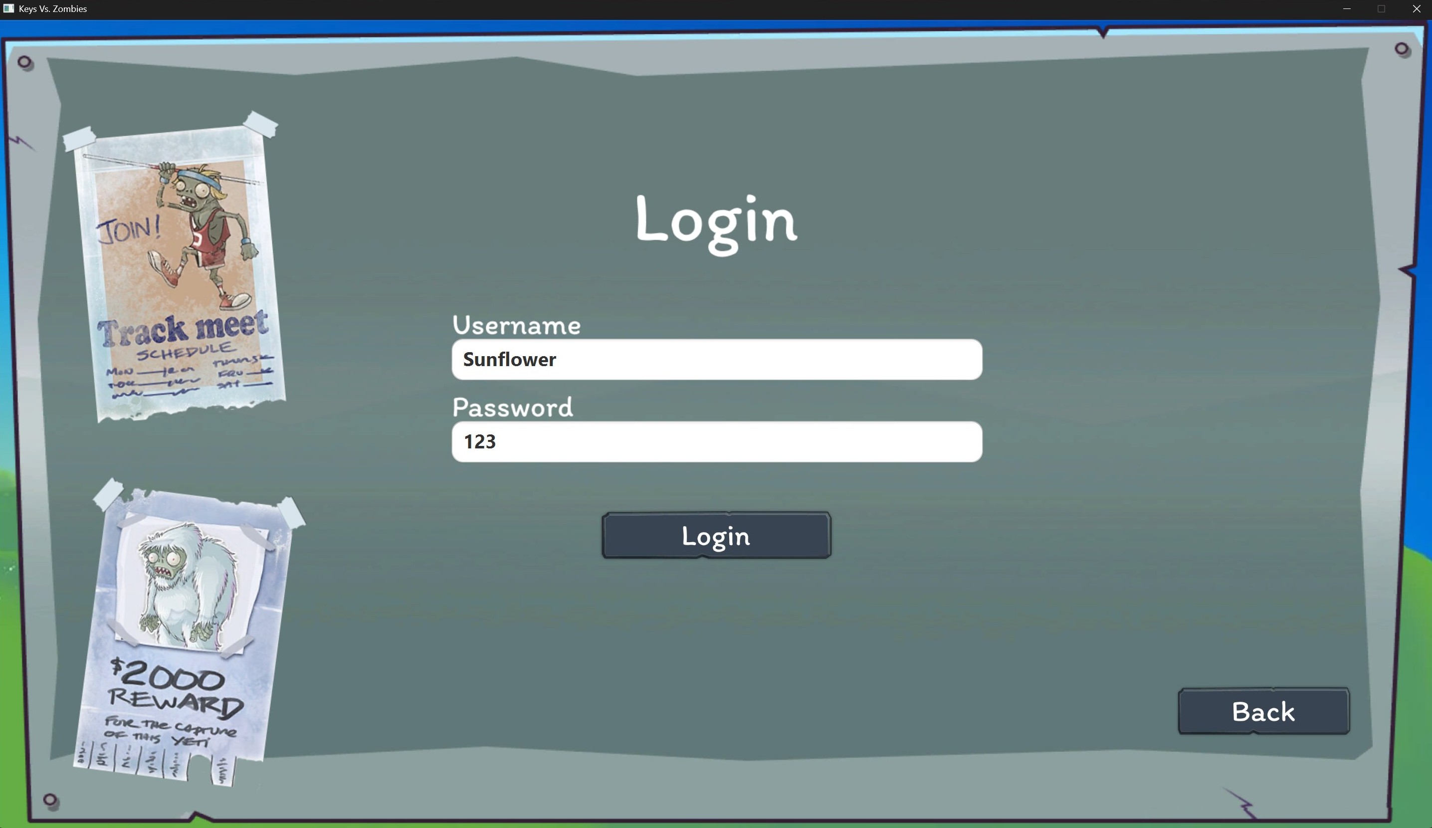 Keys vs Zombies login screen