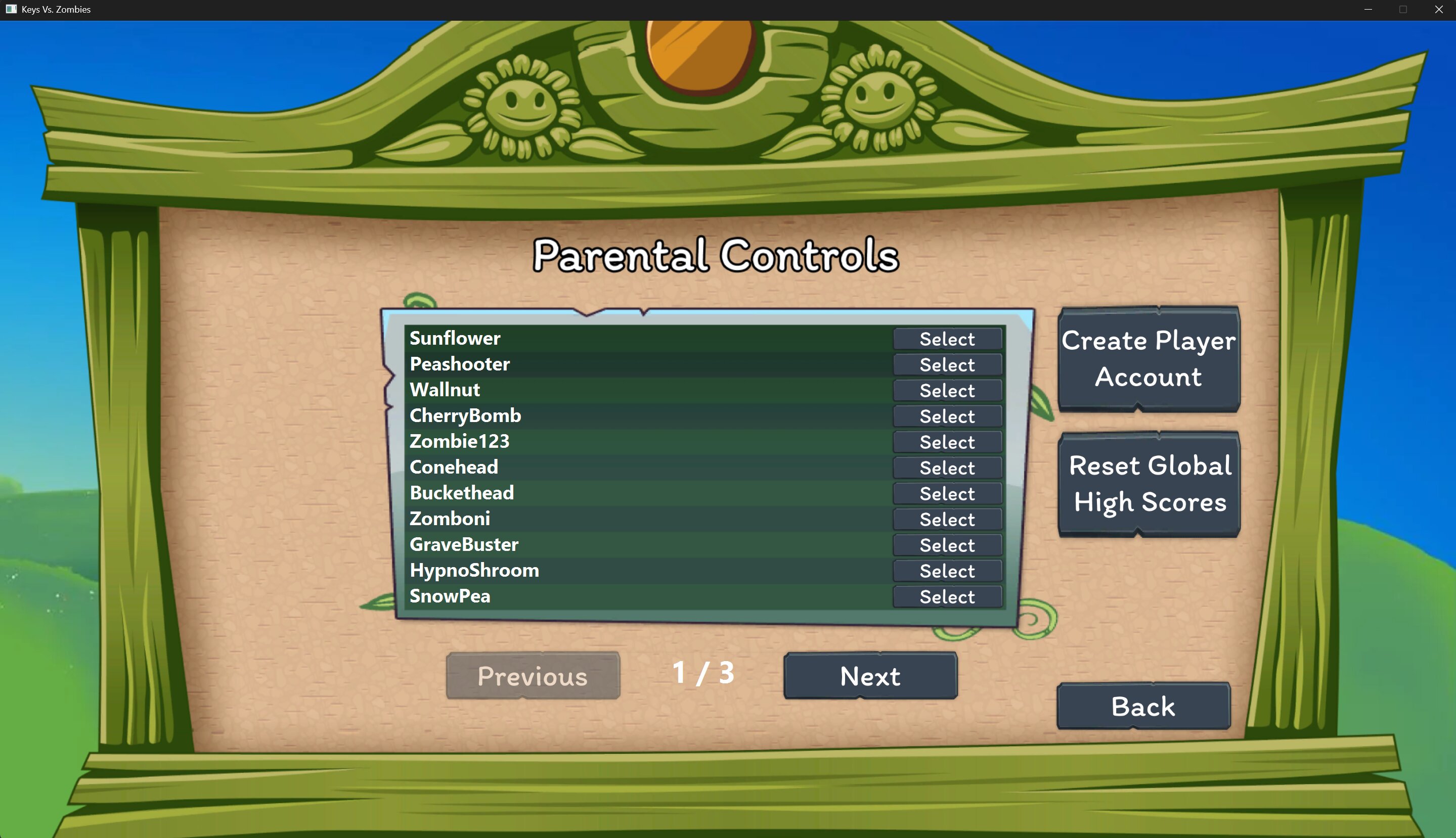 Keys vs Zombies parental controls screen
