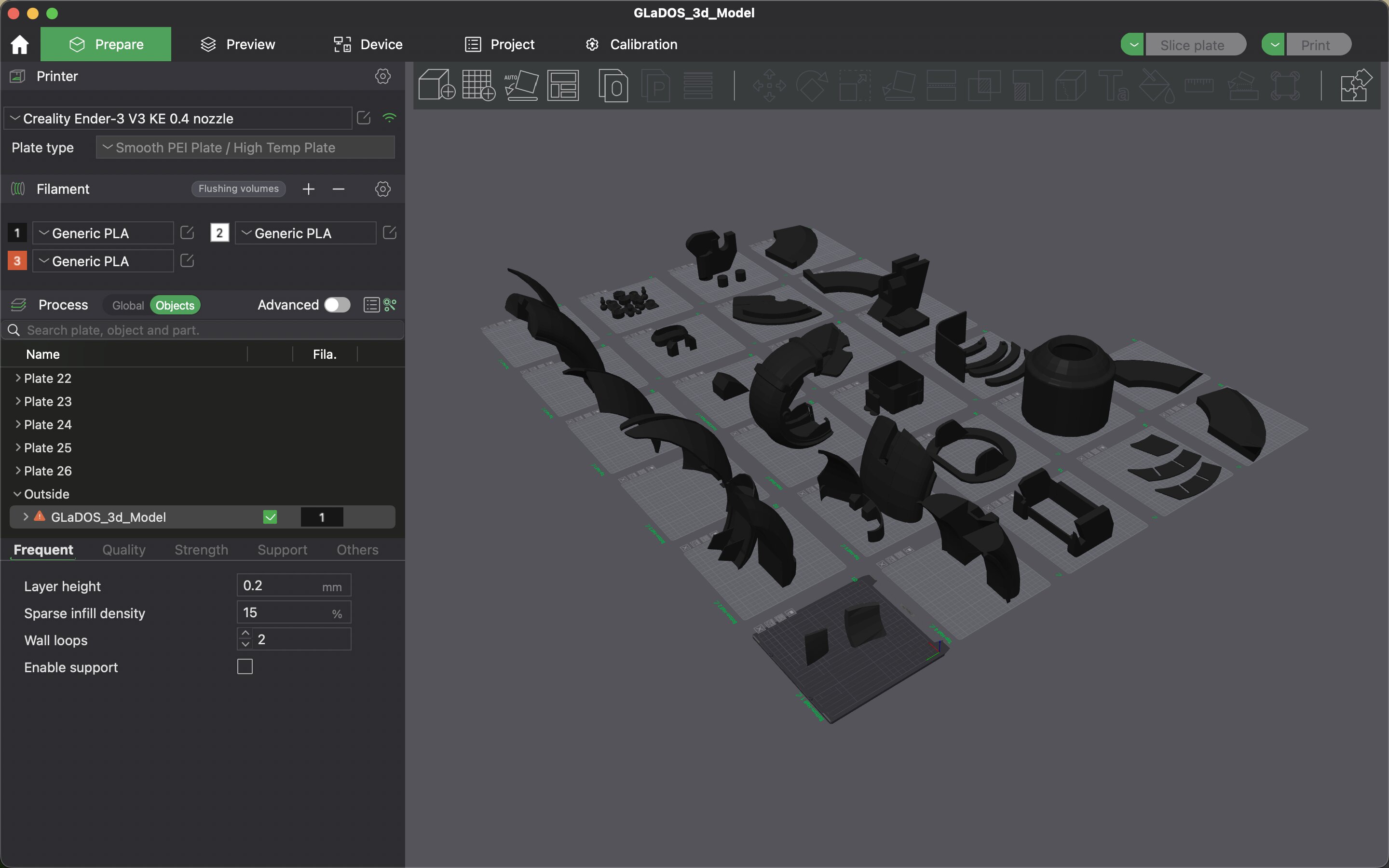 GLaDOS model split into printable parts