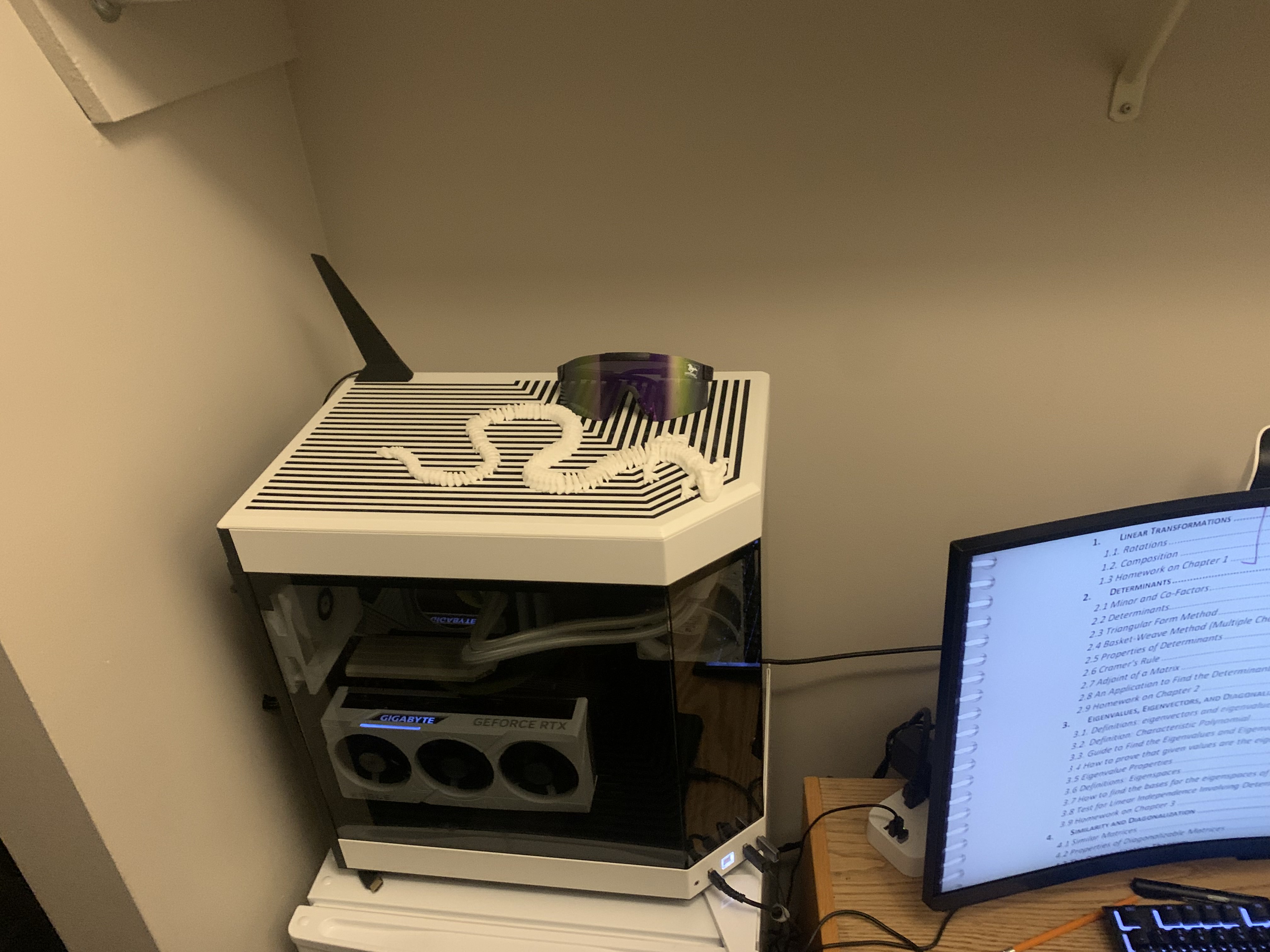 Top view of white custom PC case on desk