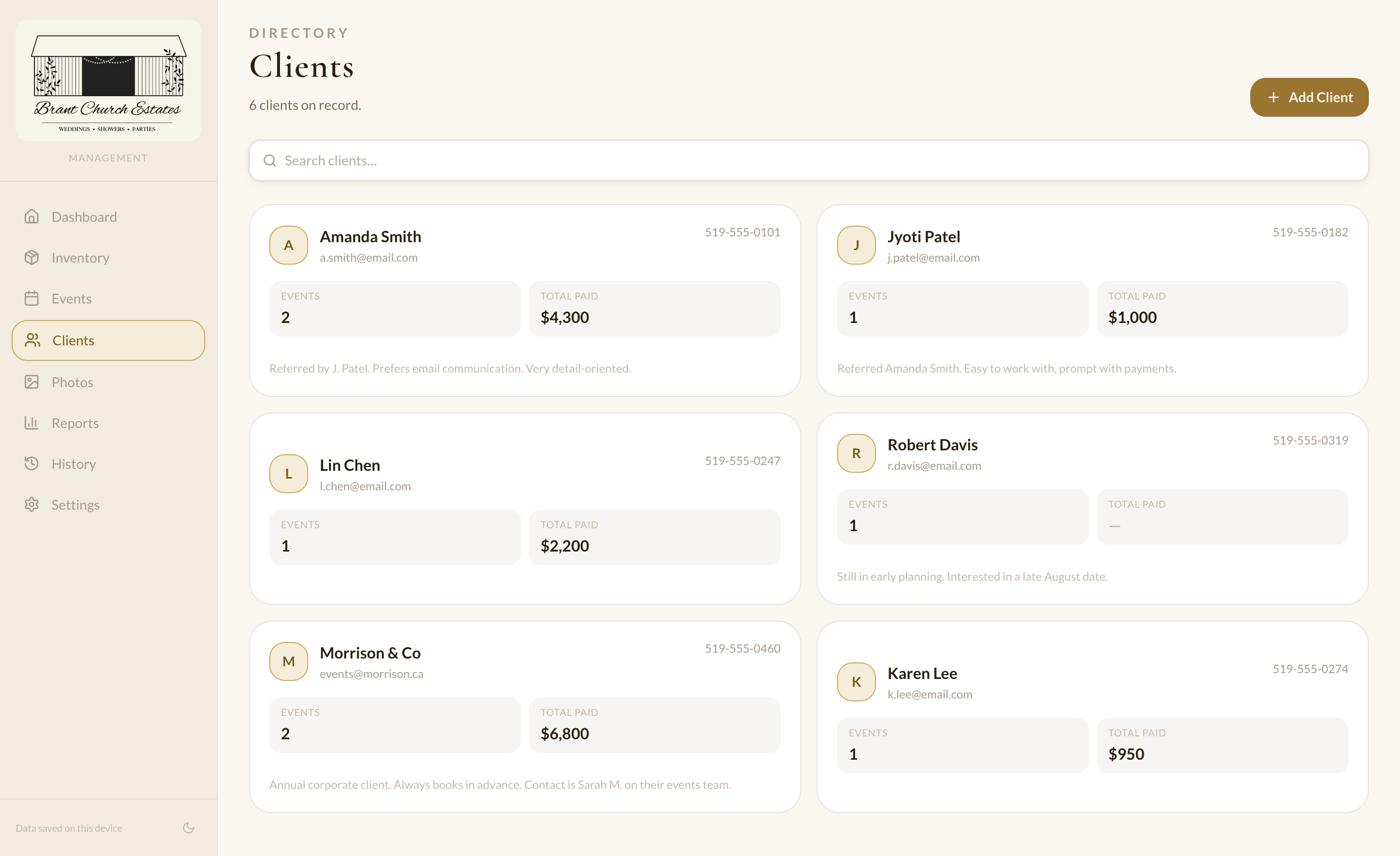 Clients view with contact cards and totals paid