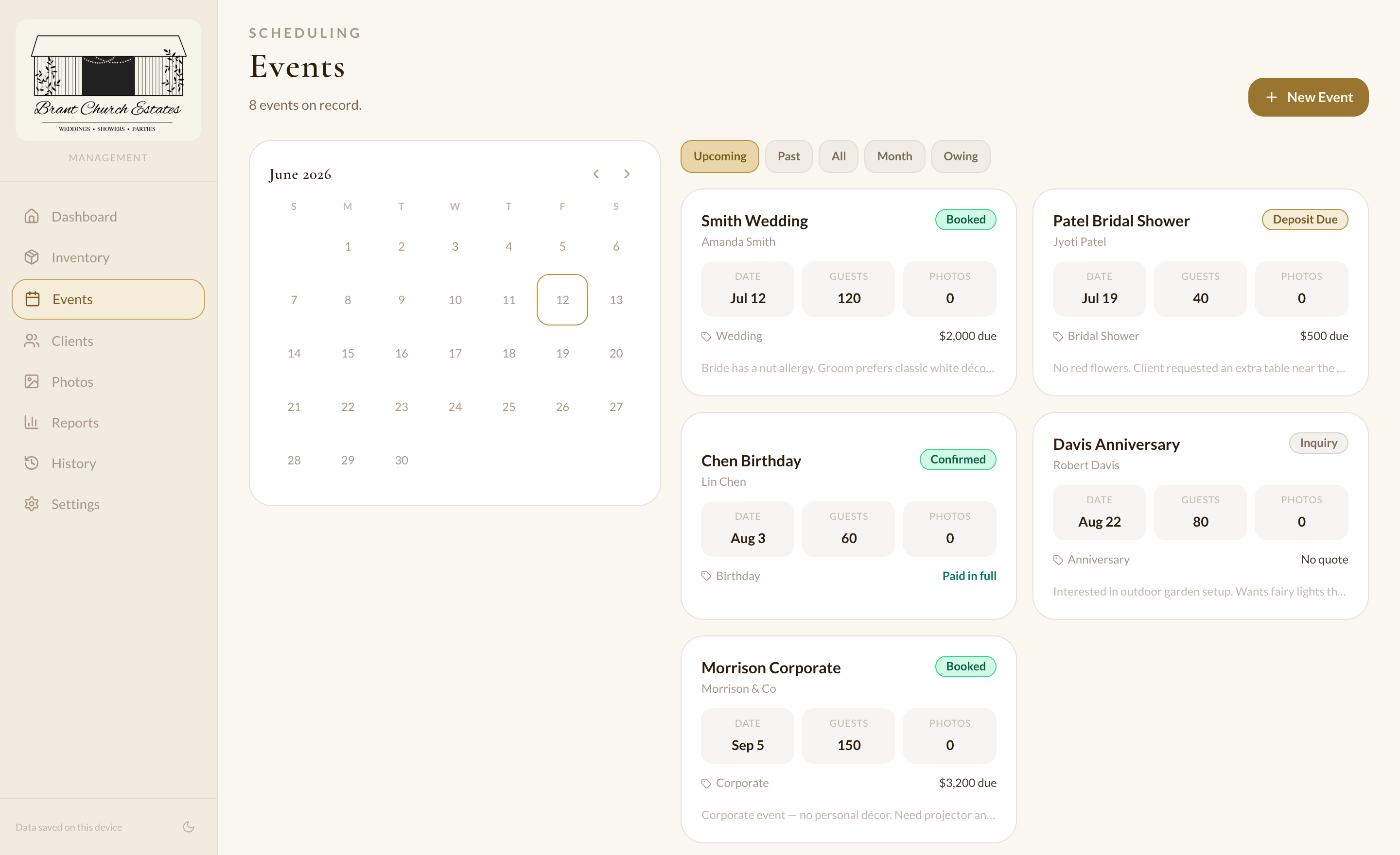 Events view with calendar and event cards