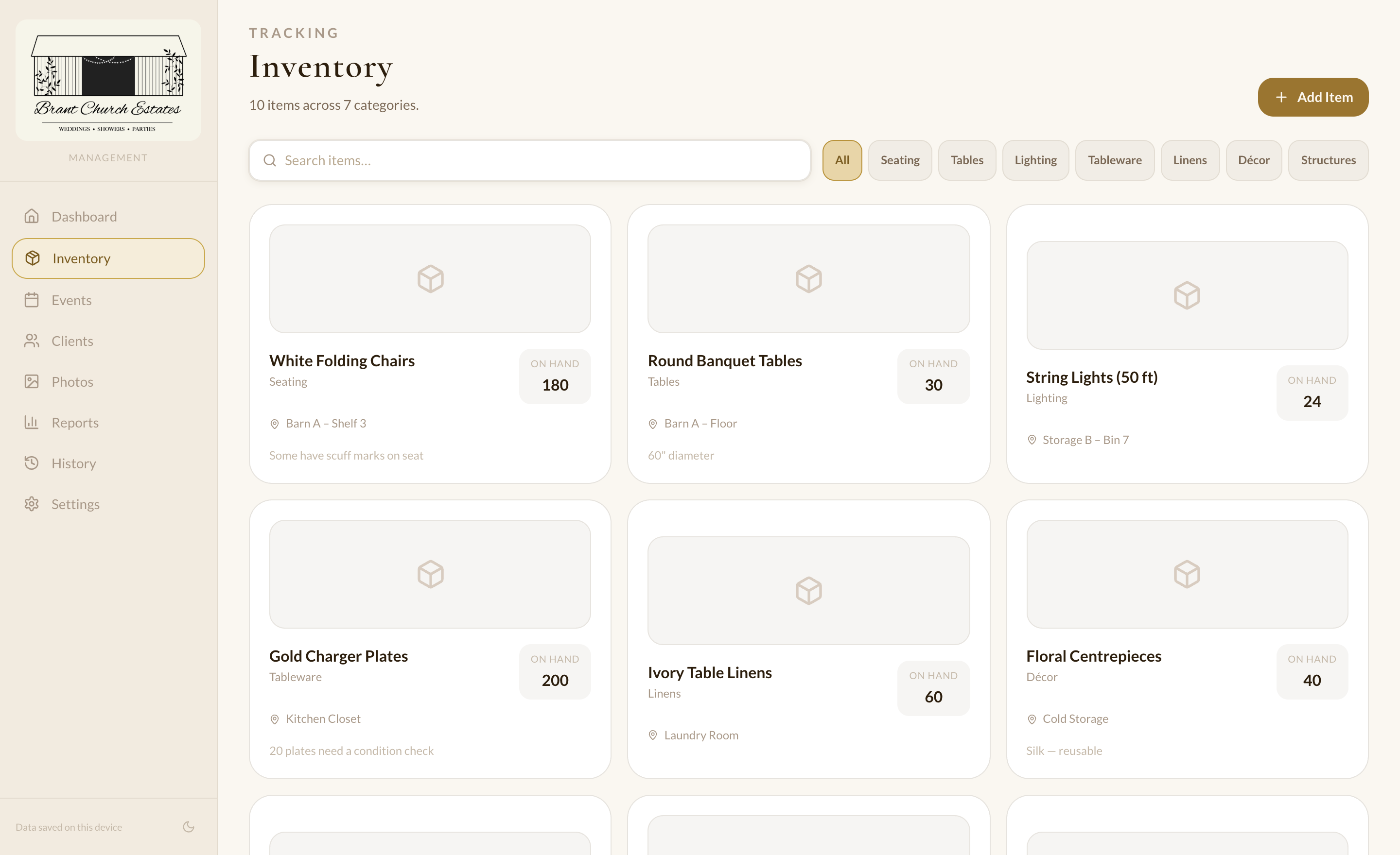 Inventory view with item cards, quantities, and locations