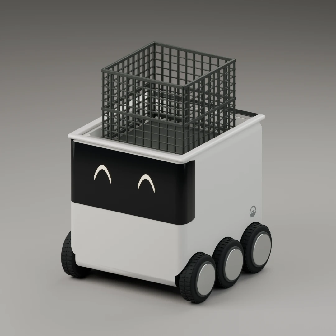 Blender model with its lid stowed in a rear pocket, showing two milk crates stacked vertically, with the lower crate inside the robot.