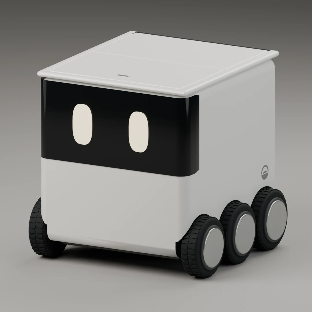 Blender render of a white six-wheel robot with a black glass face and two softly glowing ivory eyes.