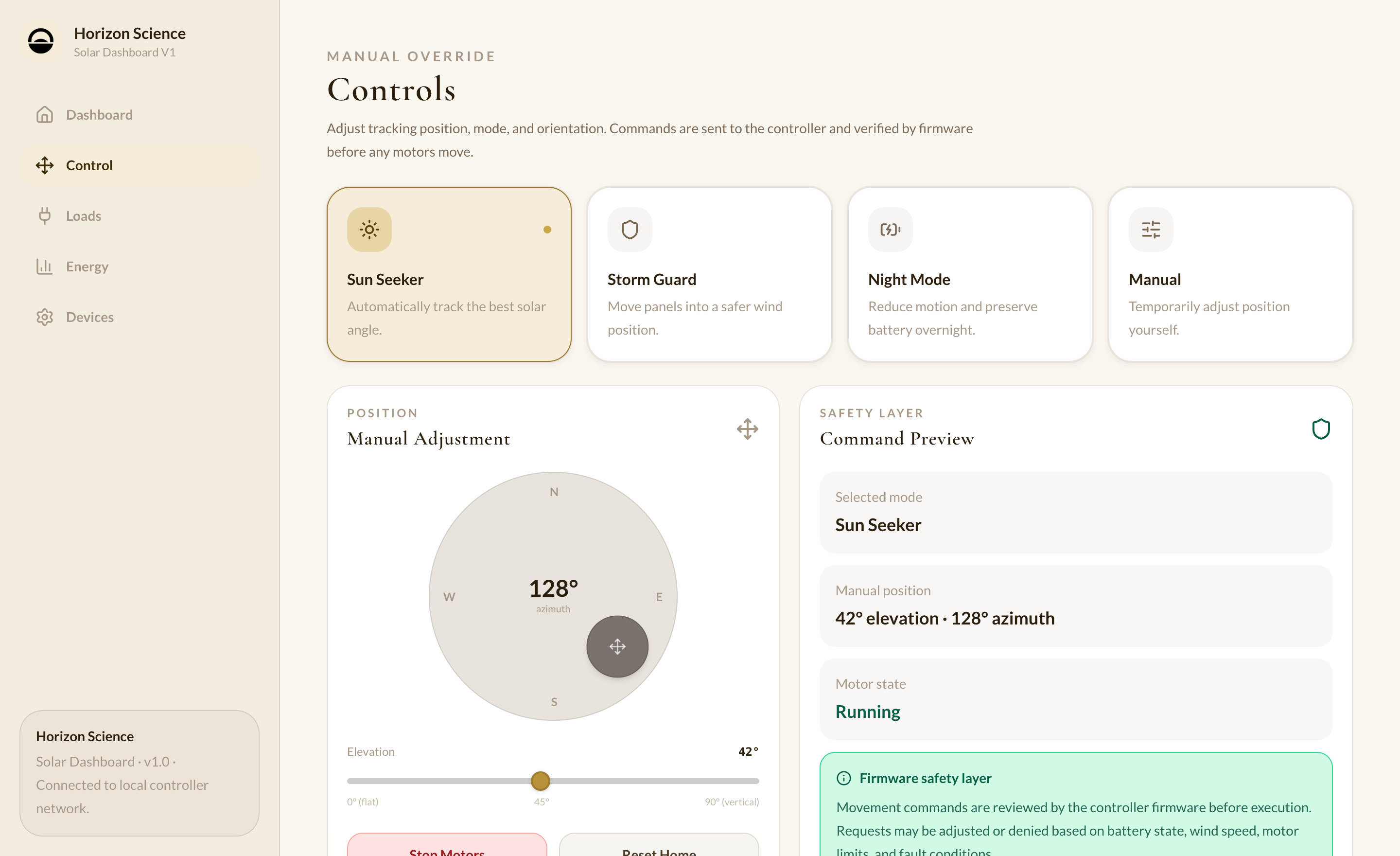 Control view with tracking modes and a draggable compass dial