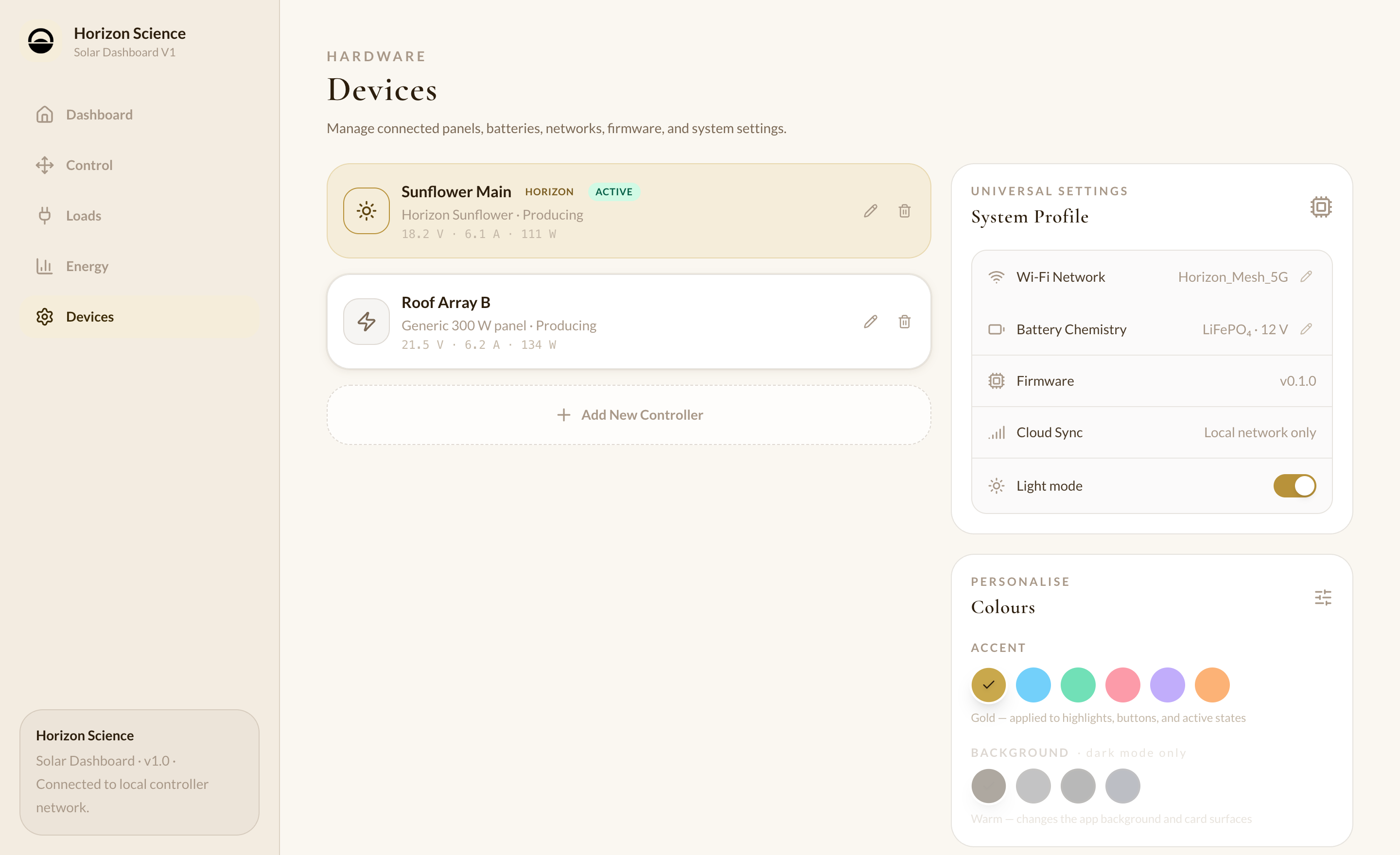 Devices view with connected hardware and theme settings
