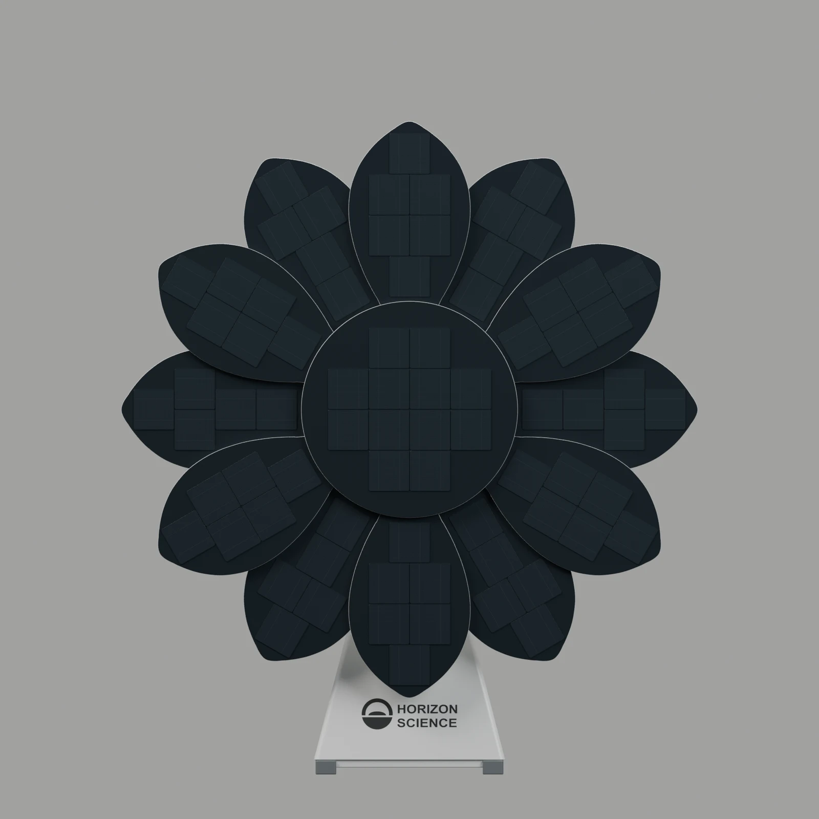 Front view of the updated twelve-petal Sunflower model with a flat-sided white base